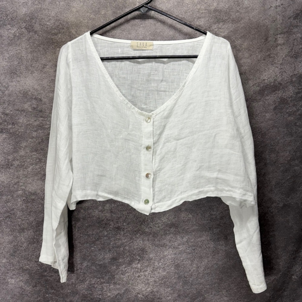 SAGA Italy White 100% Linen Cropped Boxy Oversized Butto Up Top Shirt One Size